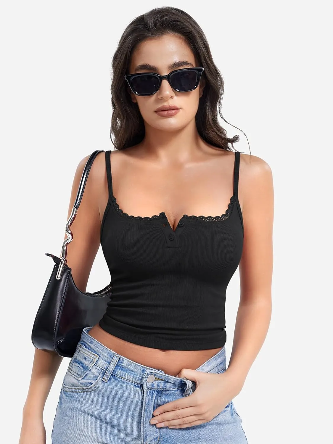 YEOREO Jillce Womens Ribbed Lace Cami Square Neck Tank Top Sexy Sleeveless Button Y2K Going Out Camisoles Strap Summer Tops