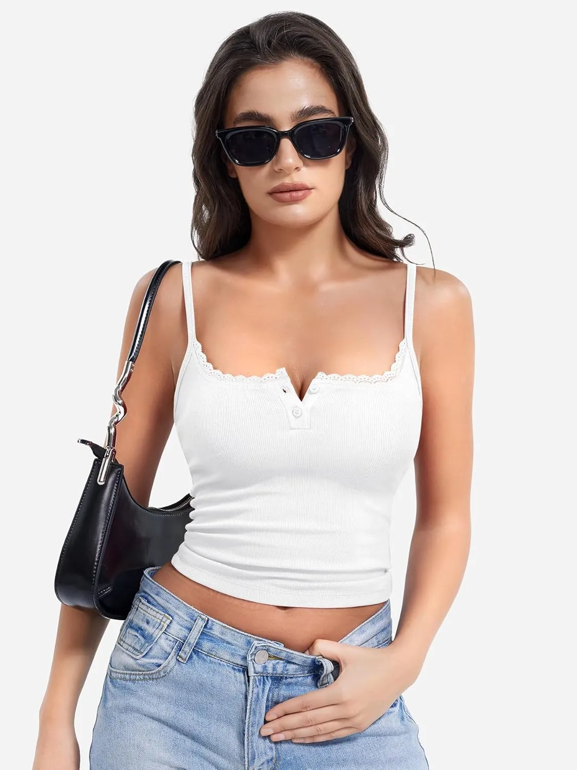 YEOREO Jillce Womens Ribbed Lace Cami Square Neck Tank Top Sexy Sleeveless Button Y2K Going Out Camisoles Strap Summer Tops